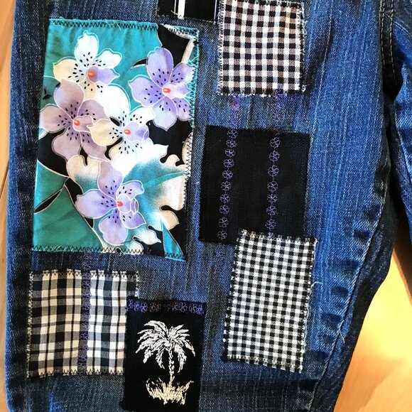 Boho Hippie Patch Jeans, Size 8 Long: Upcycled, Tropical Patchwork, Giraffes - Picture 5 of 16